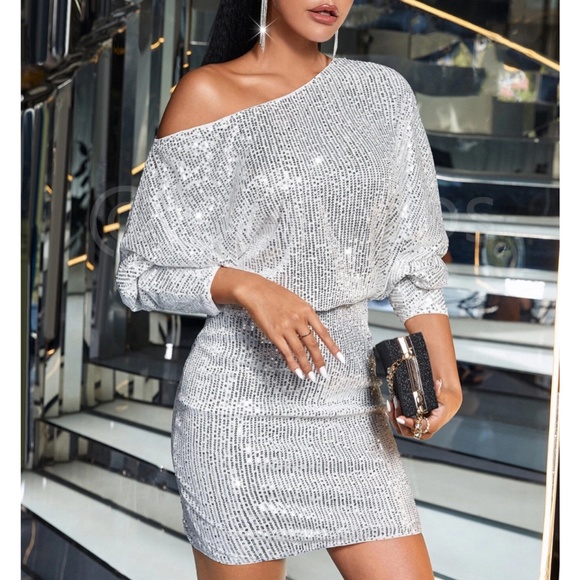 Silver Sequined One Shoulder Dress Long Sleeve Mini Short - Picture 1 of 10